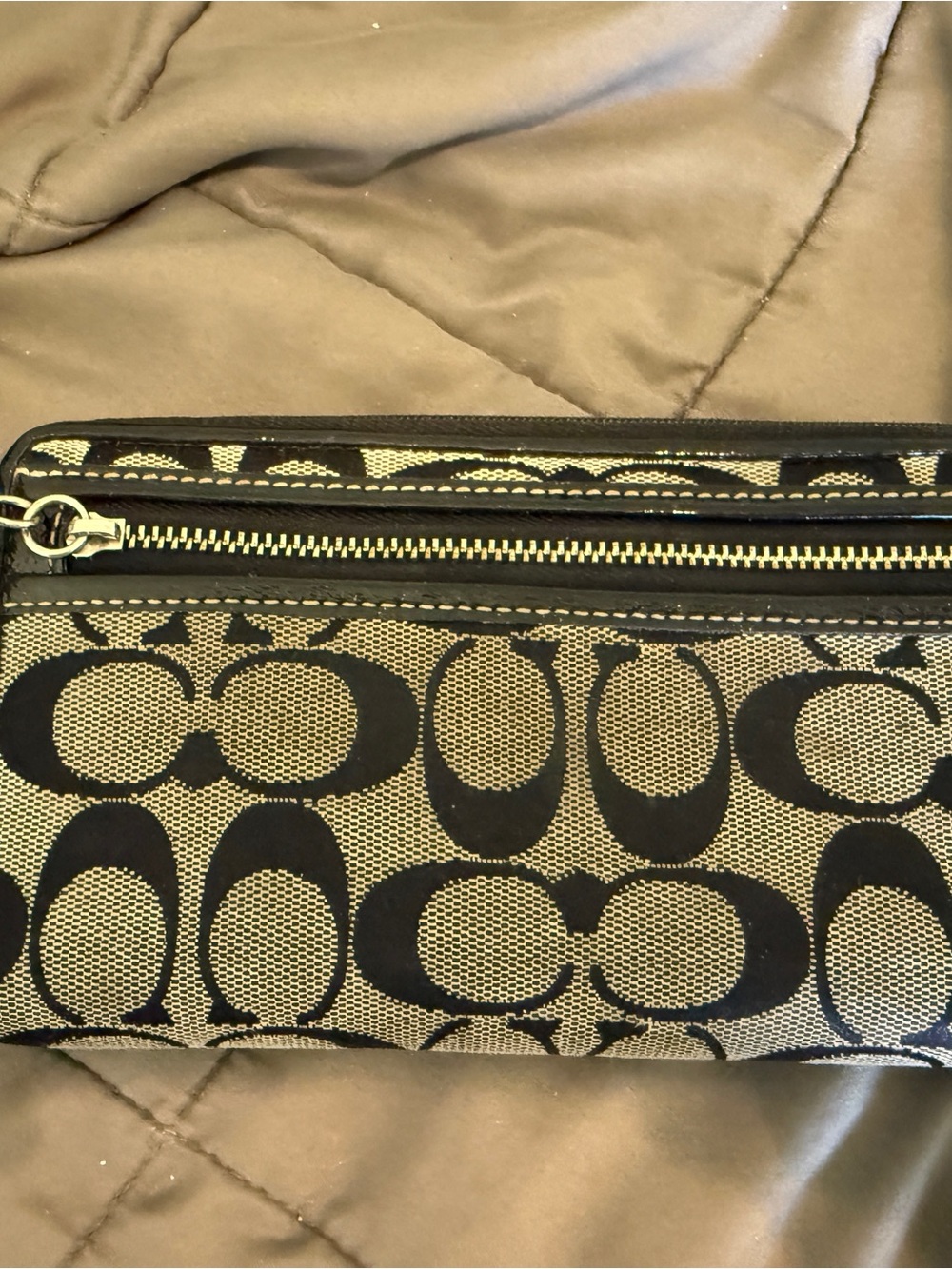 Coach Black and Khaki Signature Zip Wristlet